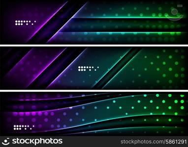 Set of banner, header backgrounds with place for your message. Glowing color neon light lines in dark space. Advertising layouts.