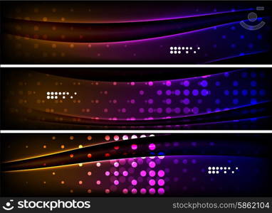 Set of banner, header backgrounds with place for your message. Glowing color neon light lines in dark space. Advertising layouts.