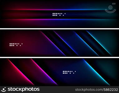 Set of banner, header backgrounds with place for your message. Glowing color neon light lines in dark space. Advertising layouts.