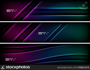 Set of banner, header backgrounds with place for your message. Glowing color neon light lines in dark space. Advertising layouts.