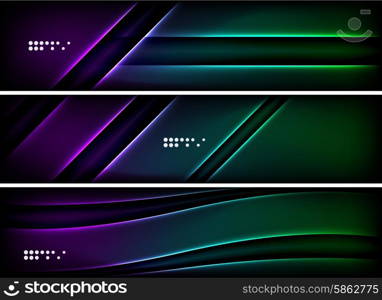 Set of banner, header backgrounds with place for your message. Glowing color neon light lines in dark space. Advertising layouts.