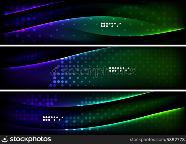 Set of banner, header backgrounds with place for your message. Glowing color neon light lines in dark space. Advertising layouts.