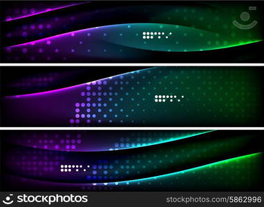 Set of banner, header backgrounds with place for your message. Glowing color neon light lines in dark space. Advertising layouts.