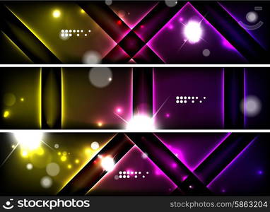 Set of banner, header backgrounds with place for your message. Glowing color neon light lines in dark space. Advertising layouts.