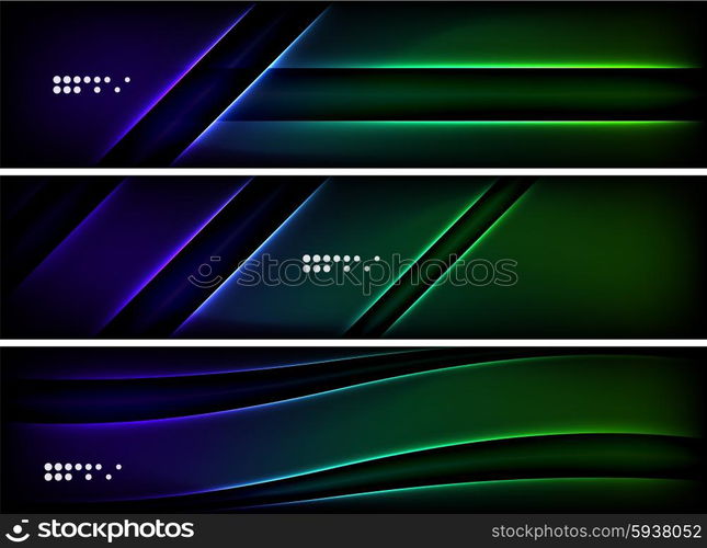 Set of banner, header backgrounds with place for your message. Glowing color neon light lines in dark space. Advertising layouts.