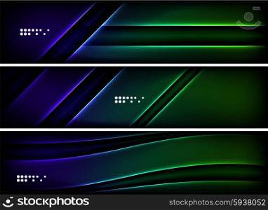 Set of banner, header backgrounds with place for your message. Glowing color neon light lines in dark space. Advertising layouts.