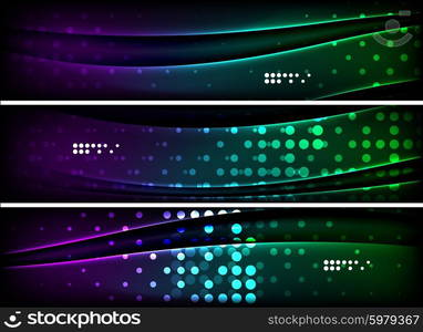 Set of banner, header backgrounds with place for your message. Glowing color neon light lines in dark space. Advertising layouts.