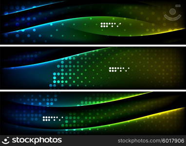 Set of banner, header backgrounds with place for your message. Glowing color neon light lines in dark space. Advertising layouts.