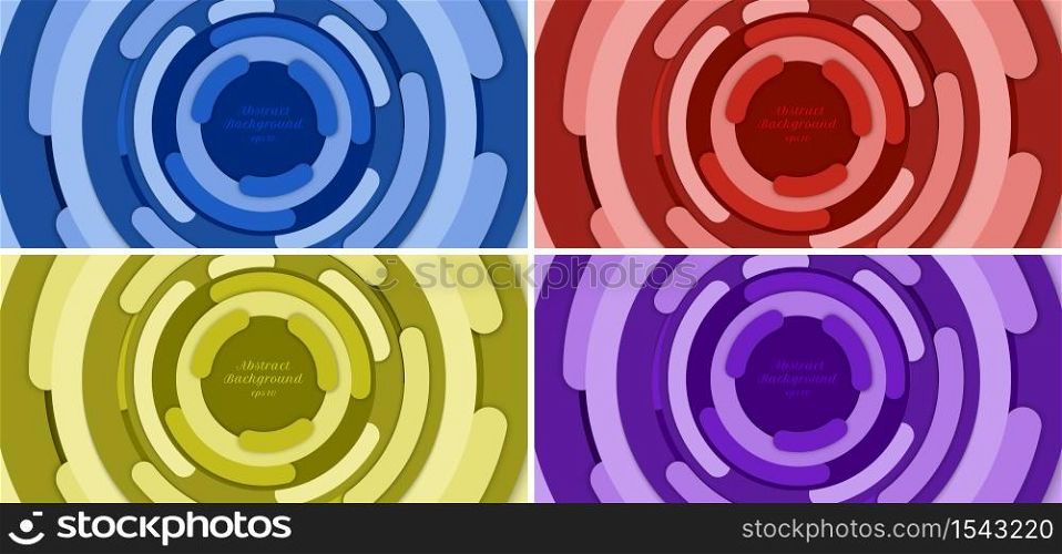 Set of banner web template abstract background blue, red, yellow, purple circle border overlapping layered with shadow. Vector illustration