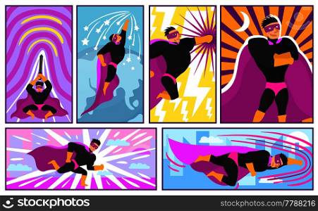 Set of banners and posters in comics style with superhero actions on colorful background isolated vector illustration. Superhero Banners And Posters Comics Style