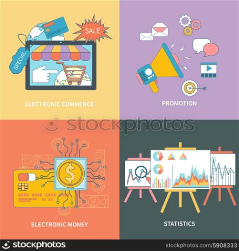 Set of banners electronic commerce, statistic, promotion and electronic money with item icons in flat design style