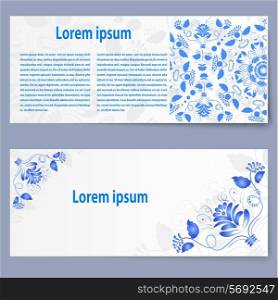 Set of banners on a gray background decorated with blue flowers. Gzhel style. Vector illustration.