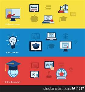 Set of banners online education e-learning knowledge training school with flat icons vector illustration