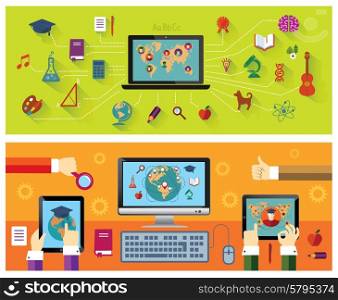 Set of banners: Online education. Modern technology. Education icons.