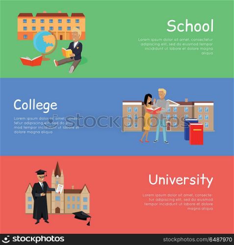 Set of Banners School College University. Vector. Set of banners school college university. Education order school college university. Right way to become a good professional. Scheme of education. Part of series of lifelong learning. Vector