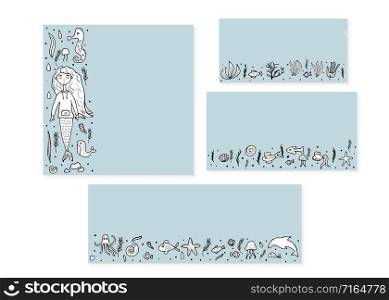 Set of banners templates of mermaid and sea set in doodle style. Collection of backgrounds with underwater elements. Vector illustration.