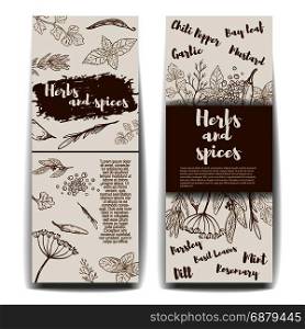 Set of banners templates with hand drawn herbs and spices. Design elements for menu, banner, flyer. Vector illustration