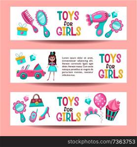 Set of banners. Toys for girls. In pink and blue color. Hair care set, convertible, pretty girl, mirror, shoes, handbag, diamond, tiara, cake.