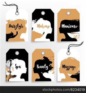 Set of banners with acrylic beautiful girl silhouettes. Vector illustration of painting woman beauty salon design. Tags makeup, hairstyle, manicure, spa, beauty, massage