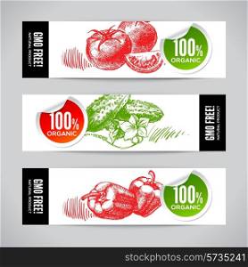 Set of banners with hand drawn sketch vegetable. Eco food backgrounds.Vector illustration
