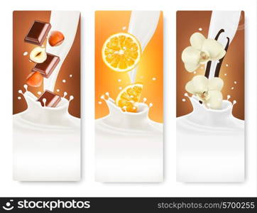 Set of banners with hazelnuts, chocolate, oranges and vanilla falling into milk splashes. Vector.