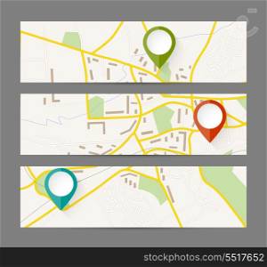 Set of banners with map and color pin pointer