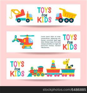 Set of banners with toys. Vector illustration. Truck, helicopter, train. Bright clipart.. A set of childrens toys. Vector illustration