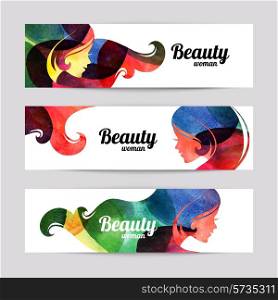 Set of banners with watercolor beautiful girl silhouettes. Vector illustration of woman beauty salon design