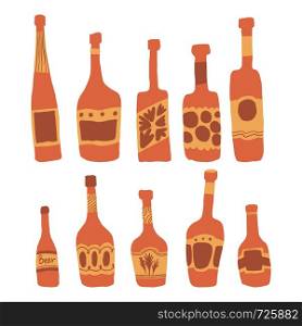 Set of bar bottles. Hand drawn different glass bottles. Vector illustration. set of bar different glass bottles illustration