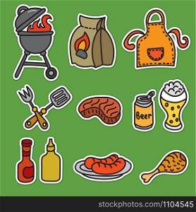 set of barbecue and picnic stickers of meat, grill and beer. barbecue picnic stickers