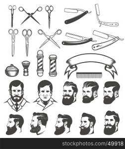 Set of barber tools. Man's heads. Design elements for logo, label, emblem, sign, poster, badge. Vector illustration