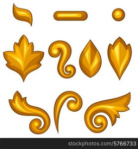 Set of baroque ornamental floral gold elements.