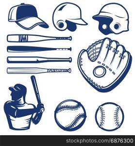 Set of baseball design elements. Baseball beats, balls, glove, hats. Design elements for logo, label, emblem, sign. Vector illustration