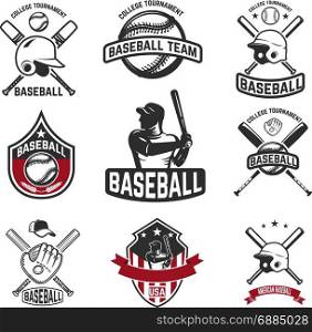 Set of baseball emblems. Baseball bats, helmets, gloves. Design elements for logo, label, sign. Vector illustration