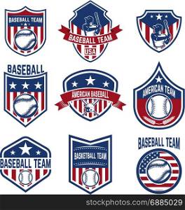 Set of baseball emblems. Baseball tournament. Design elements for logo, label, emblem, sign. Vector illustration