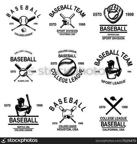 Set of baseball emblems. Design element for logo, label, sign, poster, t shirt. Vector illustration