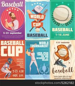 Set Of Baseball Posters In Retro Style. Set of baseball posters in retro style with advertising of date of tournaments and world cup flat vector illustration