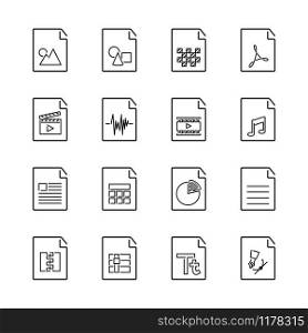 Set of basic file extension icon with visual symbol. Line Art style popular file extension for user interface, software and web development.