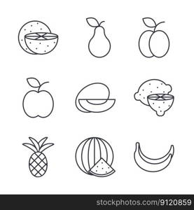 Set of basic fruits line icons. Black contour fruit isolated on white background. Healthy organic food. Web elements food. Set of basic fruits line icons