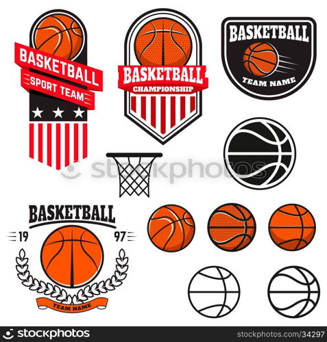 Set of basketball labels and logos and design elements for basketball teams, tournaments, championships isolated on white background. Design element in vector.