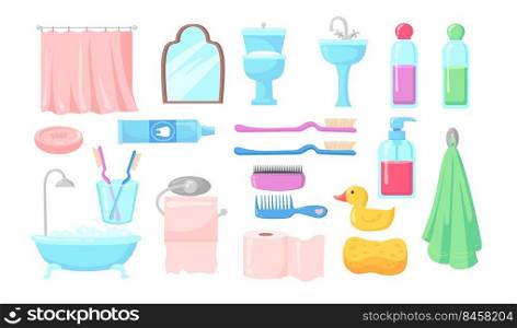Set of bath accessories flat vector illustration. Collection of cartoon toilet utensils and bathroom details as mirror, hairbrushes, towels, soap isolated on white background. Hygiene, health concept