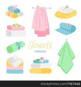 Set of bath colored towels. Roll and pile. Cotton towel for bathroom or beach illustration. Set of bath colored towels. Roll and pile