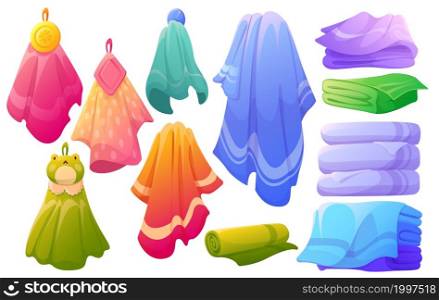 Set of bath towels, kitchen textile, cloth for spa, beach, shower fabric rolls lying in stack. hygiene accessories, hanging clothing blanket handkerchief for kids or adults Cartoon vector illustration. Set of bath towels, kitchen textile for shower