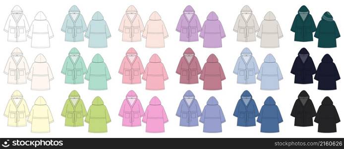 Set of bathrobe technical sketch. Hooded bathrobe. Flat garment apparel template. Front and back views. Different colors. Unisex. Casual clothes. Front and back. CAD fashion vector illustration. Set of bathrobe technical sketch. Hooded bathrobe.