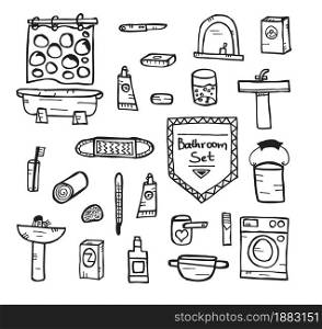 Set of bathroom equipment. Vector illustration. Concept with objects isolated on white background. Hand drawn doodle icons set.