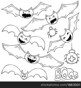 Set of bats in hand draw style. Collection of vector illustrations for Halloween design. Coloring elements, cartoon style. Sign, sticker, pin. Collection of vector illustrations for Halloween design. Sign, sticker, pin