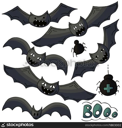 Set of bats in hand draw style. Collection of vector illustrations for Halloween design. Halloween elements, cartoon style. Sign, sticker, pin. Halloween design. Halloween elements, cartoon style