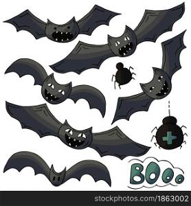 Set of bats in hand draw style. Collection of vector illustrations for Halloween design. Halloween elements, cartoon style. Sign, sticker, pin. Halloween design. Halloween elements, cartoon style