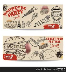 Set of bbq party invitation templates on light background. Grill, beer,meat, burger ,steak. Street food festival