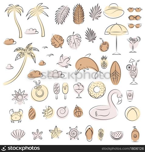 Set of beach summer elements. Abstract design. Outline illustration
